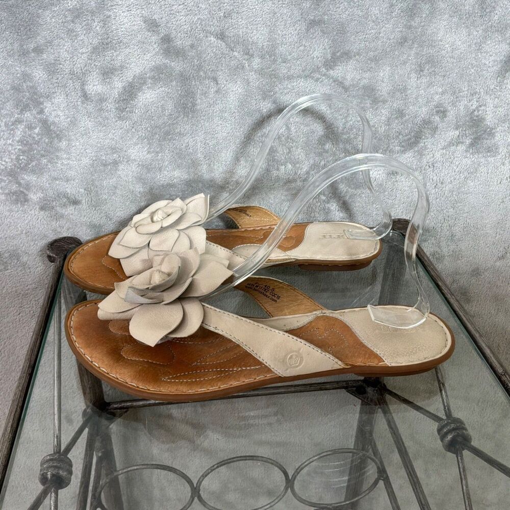 Born BOC Leather 3D Flower Flip Flop Comfort Thong Sandals Flats Women’s 9M Tan